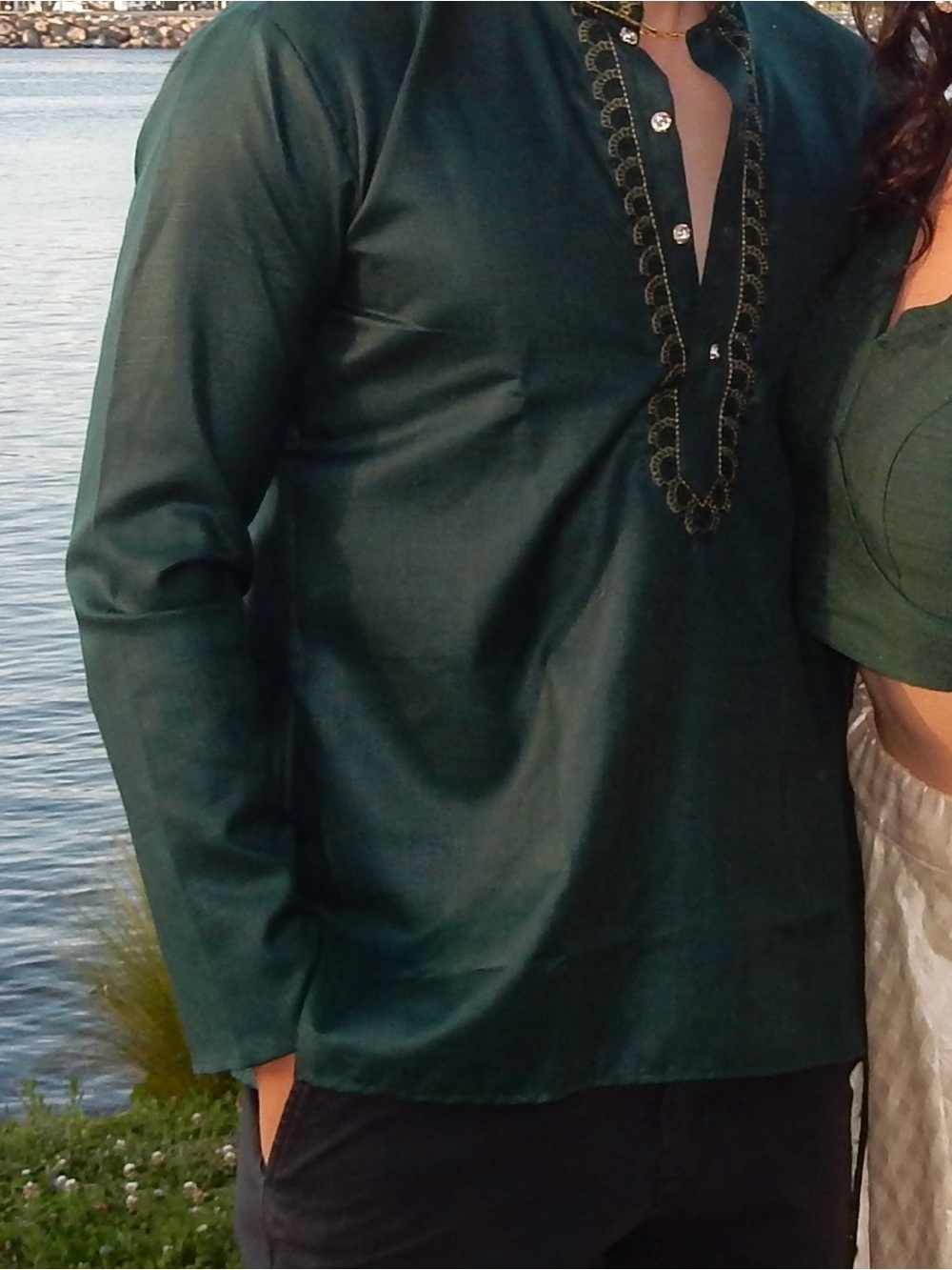 Men's Dark Green Embroidered Kurta Shirt